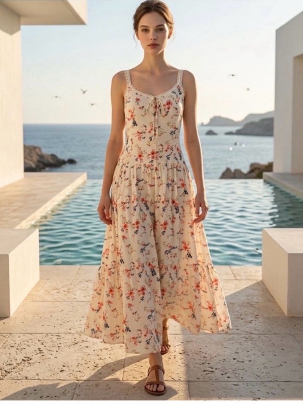 Caroline Constas Cream Floral Tie-Front Tiered Maxi Dress
